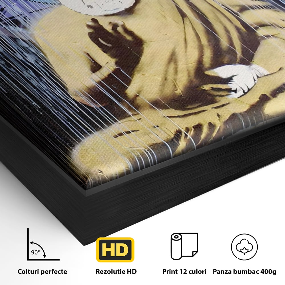 Detaliu al suprafetei: tablou canvas cu statuie buddha stilizata, in rama de aluminiu negru